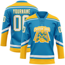 Charger l'image dans la galerie, Custom Panther Blue White-Gold Hockey Lace Neck Jersey