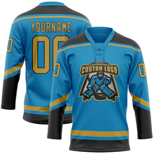 Laden Sie das Bild in den Galerie-Viewer, Custom Panther Blue Old Gold-Black Hockey Lace Neck Jersey