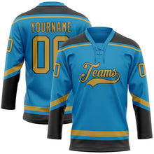 Laden Sie das Bild in den Galerie-Viewer, Custom Panther Blue Old Gold-Black Hockey Lace Neck Jersey