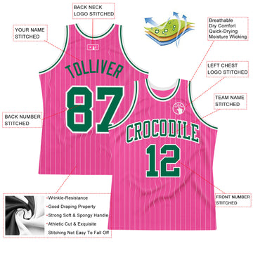 Custom Pink White Pinstripe Kelly Green-White Authentic Basketball Jersey