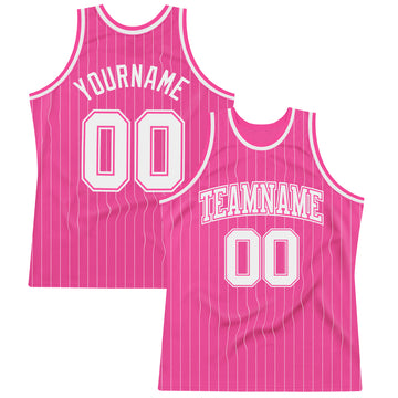 Custom Pink White Pinstripe White-Pink Authentic Basketball Jersey