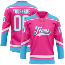 Charger l'image dans la galerie, Custom Pink White-Sky Blue Hockey Lace Neck Jersey