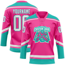 Charger l'image dans la galerie, Custom Pink White-Aqua Hockey Lace Neck Jersey