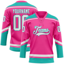 Charger l'image dans la galerie, Custom Pink White-Aqua Hockey Lace Neck Jersey
