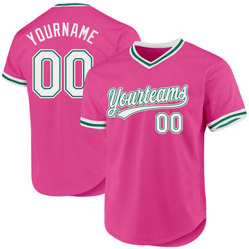 Custom Pink White-Kelly Green Authentic Throwback Baseball Jersey