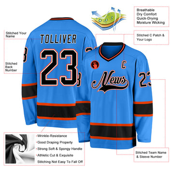 Custom Powder Blue Black-Orange Hockey Jersey