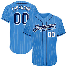 Load image into Gallery viewer, Custom Powder Blue White Pinstripe Navy-White Authentic Baseball Jersey
