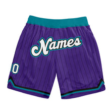 Load image into Gallery viewer, Custom Purple Black Pinstripe White-Teal Authentic Basketball Shorts