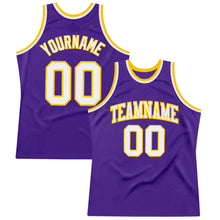 Load image into Gallery viewer, Custom Purple White-Gold Authentic Throwback Basketball Jersey