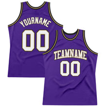 Load image into Gallery viewer, Custom Purple White-Old Gold Authentic Throwback Basketball Jersey