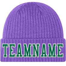 Load image into Gallery viewer, Custom Purple Kelly Green-White Stitched Cuffed Knit Hat
