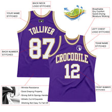 Load image into Gallery viewer, Custom Purple White-Old Gold Authentic Throwback Basketball Jersey