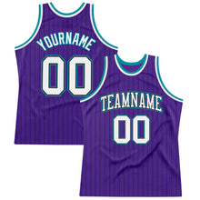 Load image into Gallery viewer, Custom Purple Black Pinstripe White-Teal Authentic Basketball Jersey
