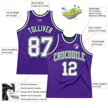 Load image into Gallery viewer, Custom Purple White Green-Gray Authentic Throwback Basketball Jersey