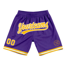 Laden Sie das Bild in den Galerie-Viewer, Custom Purple Gold-White Authentic Throwback Basketball Shorts