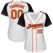 Laden Sie das Bild in den Galerie-Viewer, Custom White Black Pinstripe Orange-Black Authentic Raglan Sleeves Baseball Jersey