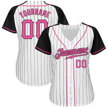 Laden Sie das Bild in den Galerie-Viewer, Custom White Black Pinstripe Pink-Black Authentic Raglan Sleeves Baseball Jersey