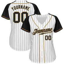 Laden Sie das Bild in den Galerie-Viewer, Custom White Black Pinstripe Black-Old Gold Authentic Raglan Sleeves Baseball Jersey