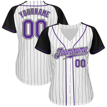 Laden Sie das Bild in den Galerie-Viewer, Custom White Black Pinstripe Purple-Black Authentic Raglan Sleeves Baseball Jersey