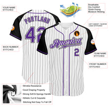 Laden Sie das Bild in den Galerie-Viewer, Custom White Black Pinstripe Purple-Black Authentic Raglan Sleeves Baseball Jersey