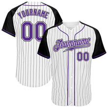 Laden Sie das Bild in den Galerie-Viewer, Custom White Black Pinstripe Purple-Black Authentic Raglan Sleeves Baseball Jersey
