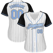 Laden Sie das Bild in den Galerie-Viewer, Custom White Black Pinstripe Light Blue-Black Authentic Raglan Sleeves Baseball Jersey