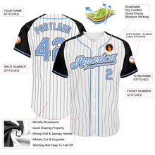 Laden Sie das Bild in den Galerie-Viewer, Custom White Black Pinstripe Light Blue-Black Authentic Raglan Sleeves Baseball Jersey