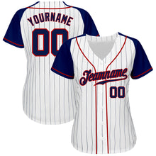 Laden Sie das Bild in den Galerie-Viewer, Custom White Navy Pinstripe Navy-Red Authentic Raglan Sleeves Baseball Jersey