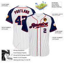 Laden Sie das Bild in den Galerie-Viewer, Custom White Navy Pinstripe Navy-Red Authentic Raglan Sleeves Baseball Jersey