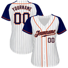 Laden Sie das Bild in den Galerie-Viewer, Custom White Navy Pinstripe Navy-Orange Authentic Raglan Sleeves Baseball Jersey