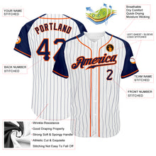 Laden Sie das Bild in den Galerie-Viewer, Custom White Navy Pinstripe Navy-Orange Authentic Raglan Sleeves Baseball Jersey