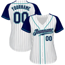 Laden Sie das Bild in den Galerie-Viewer, Custom White Navy Pinstripe Navy-Teal Authentic Raglan Sleeves Baseball Jersey