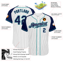 Laden Sie das Bild in den Galerie-Viewer, Custom White Navy Pinstripe Navy-Teal Authentic Raglan Sleeves Baseball Jersey