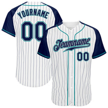 Laden Sie das Bild in den Galerie-Viewer, Custom White Navy Pinstripe Navy-Teal Authentic Raglan Sleeves Baseball Jersey