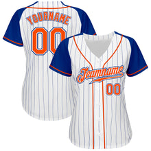 Laden Sie das Bild in den Galerie-Viewer, Custom White Royal Pinstripe Orange-Royal Authentic Raglan Sleeves Baseball Jersey