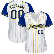 Laden Sie das Bild in den Galerie-Viewer, Custom White Royal Pinstripe Royal-Gold Authentic Raglan Sleeves Baseball Jersey