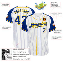 Laden Sie das Bild in den Galerie-Viewer, Custom White Royal Pinstripe Royal-Gold Authentic Raglan Sleeves Baseball Jersey