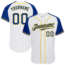 Laden Sie das Bild in den Galerie-Viewer, Custom White Royal Pinstripe Royal-Gold Authentic Raglan Sleeves Baseball Jersey