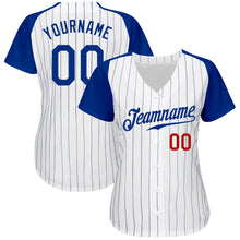 Laden Sie das Bild in den Galerie-Viewer, Custom White Royal Pinstripe Royal-Red Authentic Raglan Sleeves Baseball Jersey