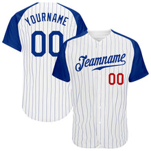 Laden Sie das Bild in den Galerie-Viewer, Custom White Royal Pinstripe Royal-Red Authentic Raglan Sleeves Baseball Jersey