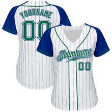 Laden Sie das Bild in den Galerie-Viewer, Custom White Royal Pinstripe Kelly Green-Royal Authentic Raglan Sleeves Baseball Jersey