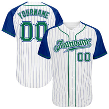 Laden Sie das Bild in den Galerie-Viewer, Custom White Royal Pinstripe Kelly Green-Royal Authentic Raglan Sleeves Baseball Jersey