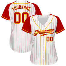 Laden Sie das Bild in den Galerie-Viewer, Custom White Red Pinstripe Red-Gold Authentic Raglan Sleeves Baseball Jersey