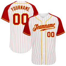 Laden Sie das Bild in den Galerie-Viewer, Custom White Red Pinstripe Red-Gold Authentic Raglan Sleeves Baseball Jersey