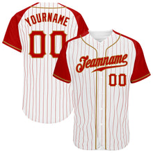 Laden Sie das Bild in den Galerie-Viewer, Custom White Red Pinstripe Red-Old Gold Authentic Raglan Sleeves Baseball Jersey
