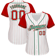 Laden Sie das Bild in den Galerie-Viewer, Custom White Red Pinstripe Red-Kelly Green Authentic Raglan Sleeves Baseball Jersey