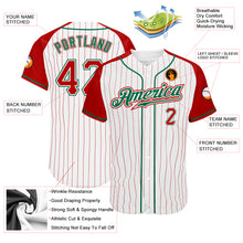 Laden Sie das Bild in den Galerie-Viewer, Custom White Red Pinstripe Red-Kelly Green Authentic Raglan Sleeves Baseball Jersey