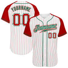 Laden Sie das Bild in den Galerie-Viewer, Custom White Red Pinstripe Red-Kelly Green Authentic Raglan Sleeves Baseball Jersey