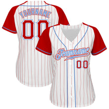 Laden Sie das Bild in den Galerie-Viewer, Custom White Red Pinstripe Red-Light Blue Authentic Raglan Sleeves Baseball Jersey