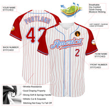 Laden Sie das Bild in den Galerie-Viewer, Custom White Red Pinstripe Red-Light Blue Authentic Raglan Sleeves Baseball Jersey